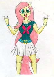 Size: 2430x3500 | Tagged: safe, artist:killerteddybear94, fluttershy, anthro, g4, belt, clothes, cute, cutie mark on clothes, devil horn (gesture), fluttershy day, looking at you, miniskirt, shirt, shyabetes, skirt, smiling, solo, t-shirt, white skirt