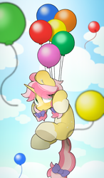 Size: 2480x4246 | Tagged: safe, artist:mochi_nation, oc, oc only, oc:crafty circles, pony, unicorn, balloon, bow, butt freckles, coat markings, commission, cute, female, filly, foal, freckles, hair bow, horn, looking at you, open mouth, sky, socks (coat markings), solo, ych result