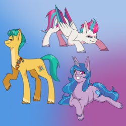 Size: 2047x2048 | Tagged: safe, artist:1313artemis13, hitch trailblazer, izzy moonbow, zipp storm, earth pony, pegasus, pony, unicorn, g5, badge, blue eyes, blue mane, blue tail, colored wings, colorful background, concave belly, crouching, gradient background, green mane, green tail, horn, leg fluff, looking at you, looking up, lying down, multiple characters, orange eyes, pose, purple coat, purple eyes, raised leg, slender, smiling, smiling at you, tail, thin, two toned mane, two toned tail, two toned wings, unshorn fetlocks, white coat, wings, yellow coat