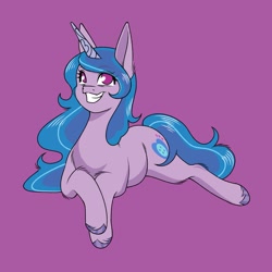 Size: 1465x1465 | Tagged: safe, artist:1313artemis13, izzy moonbow, pony, unicorn, g5, blue mane, blue tail, chest fluff, chubby, horn, horn markings, leg fluff, looking up, lying down, pose, prone, purple background, purple coat, purple eyes, simple background, smiling, tail, two toned mane, two toned tail, unshorn fetlocks