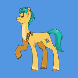 Size: 1731x1731 | Tagged: safe, artist:1313artemis13, hitch trailblazer, earth pony, pony, g5, badge, blue background, green mane, green tail, leg fluff, looking at you, orange eyes, pose, raised leg, simple background, smiling, smiling at you, tail, unshorn fetlocks, yellow coat