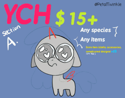 Size: 1026x806 | Tagged: safe, artist:petaltwinkle, pony, animated, blue background, chibi, commission, dialogue, floppy ears, for sale, frown, gif, heart, heart eyes, pleading, signature, simple background, solo, speech bubble, text, wingding eyes, your character here
