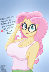 Size: 1780x2600 | Tagged: safe, artist:theretroart88, fluttershy, human, equestria girls, g4, adjusting glasses, big breasts, breasts, bust, busty fluttershy, cleavage, clothes, cute, dialogue, female, glasses, gradient background, happy, heart, long hair, looking at you, open mouth, open smile, shyabetes, sleeveless, smiling, smiling at you, solo, talking to viewer, tank top