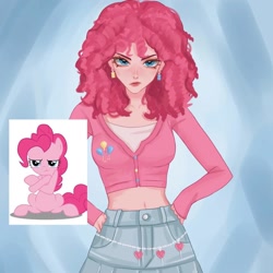 Size: 1440x1440 | Tagged: safe, artist:liahsaflor, pinkie pie, earth pony, human, pony, alternate hairstyle, belly button, clothes, ear piercing, earring, female, humanized, jewelry, mare, midriff, piercing, pinkie pie is not amused, shirt, skirt, solo, unamused
