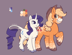 Size: 2048x1572 | Tagged: safe, artist:churrokat, applejack, rarity, classical unicorn, earth pony, pony, unicorn, g4, alternate design, alternate tailstyle, applejack's hat, applejacked, blonde mane, blonde tail, blue eyes, body freckles, chest fluff, cloven hooves, coat markings, color palette, colored hooves, colored muzzle, cowboy hat, curly mane, curly tail, curved horn, duo, duo female, ear fluff, eyelashes, facial markings, female, freckles, green eyes, hat, height difference, horn, leg fluff, leg freckles, leonine tail, looking back, mare, mealy mouth (coat marking), muscles, one eye closed, orange coat, physique difference, ponytail, purple background, purple mane, purple tail, raised hoof, redesign, ringlets, signature, simple background, smiling, socks (coat markings), standing, tail, tail fluff, thin legs, tied mane, tied tail, unshorn fetlocks, white coat, wingding eyes, wink