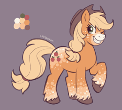 Size: 1823x1640 | Tagged: safe, artist:churrokat, applejack, earth pony, pony, g4, alternate design, applejack's hat, applejacked, blonde mane, blonde tail, body freckles, coat markings, color palette, colored hooves, colored muzzle, cowboy hat, eyelashes, facial markings, female, freckles, green eyes, hat, leg freckles, looking back, mare, mealy mouth (coat marking), muscles, one eye closed, orange coat, ponytail, purple background, raised hoof, redesign, signature, simple background, smiling, socks (coat markings), solo, standing, tail, tied mane, tied tail, unshorn fetlocks, wink