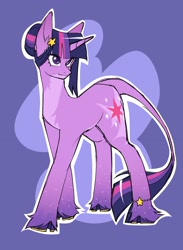 Size: 1282x1751 | Tagged: safe, artist:1313artemis13, twilight sparkle, classical unicorn, pony, unicorn, g4, alternate cutie mark, alternate design, alternate hairstyle, blue background, bun hairstyle, cloven hooves, countershading, ear piercing, earring, flowing tail, horn, jewelry, leg fluff, leonine tail, looking at someone, piercing, purple eyes, simple background, sparkles, tail, two toned mane, two toned tail, unicorn twilight, unshorn fetlocks
