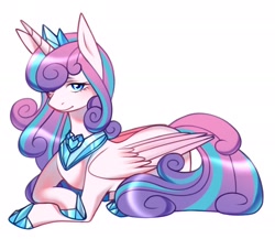 Size: 2040x1769 | Tagged: safe, artist:1313artemis13, princess flurry heart, alicorn, crystal pony, pony, g4, armor, crossed hooves, crown, curly mane, curly tail, eyelashes, flowing mane, flowing tail, jewelry, looking at you, lying down, necklace, older, older flurry heart, regalia, simple background, smiling, smiling at you, solo, tail, two toned mane, two toned tail, white background