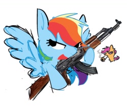 Size: 1313x1105 | Tagged: safe, artist:appledash3r_, rainbow dash, scootaloo, pegasus, pony, g4, ak-47, assault rifle, blunt, colored sketch, drug use, drugs, duo, eyelashes, female, gun, high, hoof hold, looking back, mare, narrowed eyes, no catchlights, open mouth, open smile, rifle, simple background, sketch, smiling, smoke, smoking, solo focus, spread wings, weapon, white background, wings