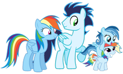 Size: 3466x2088 | Tagged: safe, rainbow dash, soarin', oc, oc:ragtag, oc:shooting star, pegasus, pony, g4, female, filly, foal, male, mare, offspring, parent:rainbow dash, parent:soarin', parents:soarindash, ship:soarindash, shipping, siblings, simple background, stallion, straight, transparent background, twins
