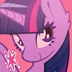Size: 1365x1365 | Tagged: safe, artist:1313artemis13, twilight sparkle, alicorn, g4, close-up, cutie mark, eyelashes, female, horn, looking at you, mare, pink background, purple eyes, simple background, smiling, smiling at you, solo, spread wings, two toned mane, wings