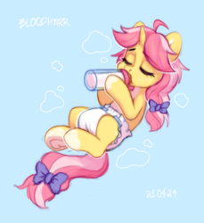 Size: 2344x2560 | Tagged: safe, artist:bloodymrr, kettle corn, oc, oc only, pony, unicorn, abdl, blue background, bottle, bottle feeding, bow, cloud, commission, diaper, drawing, drink, drinking, eyes closed, hair bow, horn, lying down, milk, pacifier, pink hair, simple background, solo, yellow skin