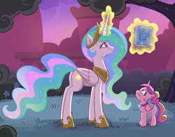 Size: 1738x1361 | Tagged: safe, artist:asura-00, artist:lummh, princess cadance, princess celestia, alicorn, pony, comic:the princess of love, g4, book, comic, crown, duo, duo female, ethereal mane, ethereal tail, female, filly, filly cadance, foal, gem, hoof shoes, jewelry, levitation, magic, mare, necklace, peytral, princess shoes, regalia, starswirl's book, sweat, sweatdrop, tail, telekinesis, young cadance, younger