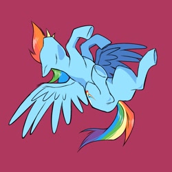 Size: 1445x1446 | Tagged: safe, artist:1313artemis13, rainbow dash, pegasus, pony, g4, blue coat, concave belly, female, flying, mare, multicolored mane, multicolored tail, red background, simple background, solo, spread wings, tail, wings