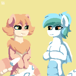 Size: 400x400 | Tagged: safe, artist:vohd, oc, oc only, oc:biru, oc:peach "cassiopeia" blossom, bat pony, lamia, original species, pony, snake, animated, biting, coils, fangs, gif, hurting, looking at each other, looking at someone, nom, pixel art, simple background, tail