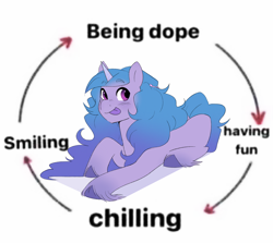 Size: 2048x1824 | Tagged: safe, artist:aztrial, izzy moonbow, pony, unicorn, g5, :p, arrow, colored hooves, horn, lying down, meme, ponified meme, prone, simple background, smiling, solo, text, tongue out, unshorn fetlocks, white background