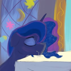 Size: 1550x1550 | Tagged: safe, artist:kujivunia, princess luna, alicorn, g4, canterlot castle, dining room, drool, drool string, eyes closed, female, floppy ears, horn, mare, simple shading, sketch, sleeping, solo, stained glass, sunlight, table, window