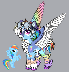 Size: 1280x1332 | Tagged: safe, artist:malinraf1615, rainbow dash, pony, g4, alternate design, colored wings, goggles, gray background, multicolored wings, simple background, solo, wings