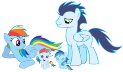 Size: 3812x2235 | Tagged: safe, rainbow dash, soarin', oc, oc:ragtag, oc:shooting star, pegasus, pony, baby, baby pony, female, filly, foal, male, mare, offspring, parent:rainbow dash, parent:soarin', parents:soarindash, ship:soarindash, shipping, siblings, simple background, stallion, straight, transparent background, twins