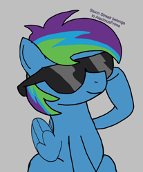 Size: 3834x4620 | Tagged: safe, oc, oc:storm streak, pegasus, pony, flurry heart's story, 20% cooler, fanfic art, female, filly, foal, gray background, male, offspring, parent:oc:thunderhead, parent:rainbow dash, parents:canon x oc, simple background, solo, solo male, sunglasses