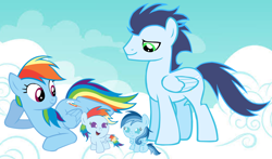 Size: 3812x2235 | Tagged: safe, rainbow dash, soarin', oc, oc:ragtag, oc:shooting star, pegasus, pony, g4, baby, baby pony, female, filly, foal, male, mare, offspring, parent:rainbow dash, parent:soarin', parents:soarindash, ship:soarindash, shipping, siblings, stallion, straight, twins