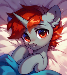 Size: 800x896 | Tagged: safe, oc, oc only, oc:kardy wing, pony, unicorn, bed, blanket, cute, gray fur, horn, looking at you, lying down, male, red eyes, red hair, solo, stallion