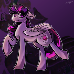 Size: 2000x2000 | Tagged: safe, artist:matilly, twilight sparkle, alicorn, pony, g4, digital art, ears back, folded wings, halftone, highlight sparkle, highlights, horn, looking back, purple background, purple coat, purple eyes, screentone, signature, solo, strut, strutting, tail, twilight sparkle (alicorn), two toned mane, two toned tail, wings