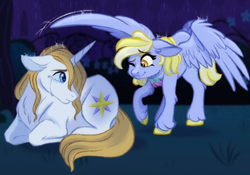 Size: 2048x1430 | Tagged: safe, artist:carouselunique, derpy hooves, prince blueblood, pegasus, unicorn, g4, blonde mane, blonde tail, colored wings, complex background, crying, derp, digital art, garden, grass, grass field, horn, looking at each other, looking at someone, lying down, night, one eye closed, ponyloaf, prone, rain, raised hoof, rarepair, spread wings, tail, two toned wings, unshorn fetlocks, wet, wet mane, white coat, wing umbrella, wings, wink
