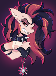 Size: 1746x2378 | Tagged: safe, artist:breloomsgarden, oc, oc only, oc:melody heartburn, earth pony, amulet, angry, bust, chaos star, collar, earth pony oc, jewelry, not pinkie pie, portrait, spiked collar, vein bulge