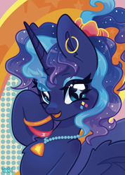 Size: 1795x2528 | Tagged: safe, artist:lenori, princess luna, alicorn, pony, between dark and dawn, bracelet, colorful, digital art, ear piercing, earring, halftone, jewelry, necklace, outfit, piercing, solo