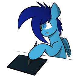 Size: 2384x2384 | Tagged: safe, artist:japkozjad, oc, oc:apply, pegasus, drawing tablet, heterochromia, holding, looking at something, pegasus oc, simple background, solo, stylus, tongue out, white background