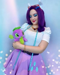 Size: 1080x1349 | Tagged: safe, rarity, spike, human, clothes, cosplay, costume, cutie mark on clothes, eyeshadow, irl, irl human, kumoricon, makeup, measuring tape, photo, plushie