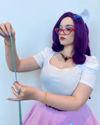 Size: 1080x1346 | Tagged: safe, rarity, human, clothes, cosplay, costume, eyeshadow, female, glasses, irl, irl human, kumoricon, makeup, measuring tape, photo, solo, solo female