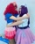 Size: 1080x1350 | Tagged: safe, kotobukiya, pinkie pie, rarity, human, g4, clothes, cosplay, costume, cutie mark on clothes, duo, duo female, female, hug, irl, irl human, kotobukiya pinkie pie, kumoricon, measuring tape, photo