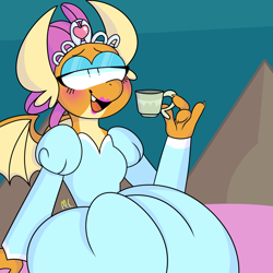 Size: 2100x2100 | Tagged: safe, artist:sparjechkaa, smolder, dragon, g4, uprooted, clothes, cup, dragoness, dress, female, gown, jewelry, open mouth, open smile, princess smolder, redraw, smiling, solo, teacup, tiara