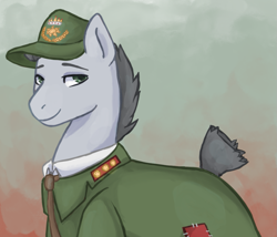Size: 1013x868 | Tagged: safe, artist:naaw, oc, oc:verbose maxim, equestria at war mod, clothes, green eyes, hat, necktie, simple background, smiling