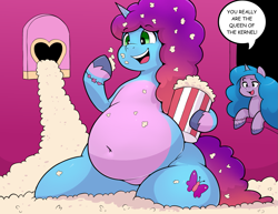 Size: 1555x1200 | Tagged: safe, artist:ahobobo, izzy moonbow, misty brightdawn, pony, unicorn, semi-anthro, g5, my little pony: tell your tale, belly, belly button, big belly, bracelet, dialogue, duo, duo female, eating, fat, feeding, female, fetish, food, friendship bracelet, hoof hold, horn, jewelry, mare, misty butterball, open mouth, open smile, pale belly, partially submerged, popcorn, rebirth misty, round belly, smiling, solo focus, speech bubble, stuffed belly, stuffing, tail, that pony sure does love popcorn, thighs, thunder thighs, unshorn fetlocks