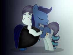 Size: 2400x1800 | Tagged: safe, artist:starless, derpibooru exclusive, coloratura, oc, oc:starless, earth pony, cloak, clothes, duo, earth pony oc, eyes closed, female, hug, male, mare, stallion