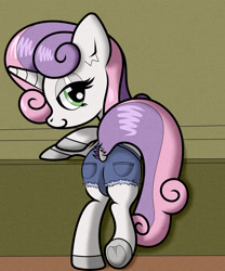 Size: 2000x2400 | Tagged: safe, artist:scandianon, sweetie belle, pony, unicorn, bedroom eyes, butt, clothes, daisy dukes, female, frog (hoof), horn, looking at you, looking back, looking back at you, mare, older, older sweetie belle, plot, raised hoof, raised tail, shorts, tail, underhoof