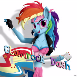 Size: 3200x3200 | Tagged: safe, artist:leddaq, rainbow dash, anthro, g4, electric guitar, glam rock, guitar, musical instrument, simple background, solo, white background