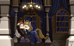 Size: 2500x1563 | Tagged: safe, artist:allocen, oc, oc only, oc:fluffy pillow, oc:regal inkwell, classical unicorn, pegasus, unicorn, aristocrat, blushing, castle, chandelier, clothes, cloven hooves, doublet, duo, duo male, gay, hat, horn, kissing, leonine tail, male, master and servant, medieval, nobility, noble, unshorn fetlocks, window