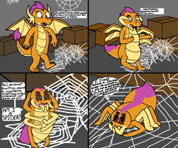 Size: 3000x2500 | Tagged: safe, artist:slywolf136, smolder, dragon, spider, 4 panel comic, basement, black sclera, box, comic, commission, dialogue, dragoness, extra eyes, extra legs, female, fluffy, high res, open mouth, panicking, red eyes, shocked, shrinking, solo, speech bubble, spider web, story included, thought bubble, transformation, transformation sequence