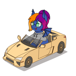 Size: 1668x1668 | Tagged: safe, artist:zeroonesunray, oc, oc only, bat pony, car, clothes, commission, female, hoodie, simple background, solo, white background, your character here