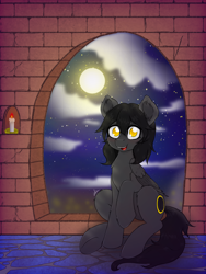 Size: 2304x3072 | Tagged: safe, artist:wojtek-ツ, derpibooru exclusive, oc, oc:eclipse, pegasus, pony, blushing, candle, castle, cloud, cute, digital art, female, fluffy, folded wings, glasses, looking at you, mare, moon, moonlight, open mouth, raised hoof, signature, sitting, solo, starry night, stars, tail, window, wings