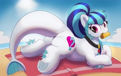 Size: 4096x2584 | Tagged: safe, artist:pabbley, sonata dusk, hybrid, pony, siren, beach, beach blanket, butt, equestria girls ponified, female, food, frog (hoof), high res, looking back, lying down, mare, mouth hold, ocean, ponified, prone, solo, sonata donk, sonataco, sploot, taco, underhoof, water
