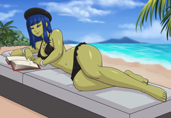 Size: 3068x2124 | Tagged: safe, artist:rapps, oc, oc only, oc:olivia, beach, bikini, book, clothes, female, hat, jewelry, palm tree, reading, solo, solo female, swimsuit, tree