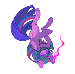Size: 785x773 | Tagged: safe, artist:cutesykill, twilight sparkle, pony, unicorn, g4, beanbrows, big ears, big eyes, eyebrows, falling, female, floating, glowing, glowing horn, horn, long mane, long tail, magic, mare, multicolored mane, multicolored tail, no mouth, purple coat, purple eyes, shrunken pupils, simple background, solo, sparkly mane, tail, thick eyelashes, thin, unicorn twilight, white background