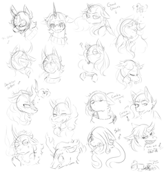 Size: 2800x2900 | Tagged: safe, artist:squeezymouse, derpibooru exclusive, oc, oc only, oc:cardia, oc:dandelion drifter, oc:good graces, oc:sete, oc:tri color, alicorn, kirin, nirik, original species, pegasus, unicorn, alicorn oc, ambiguous gender, blushing, bust, chained, chains, cigarette, clothes, female, guilty gear, horn, kirin oc, male, mare, monochrome, pegasus oc, ponysona, raven (guilty gear), simple background, sketch, sketch dump, smoking, stallion, sweater, thought bubble, tongue out, unicorn oc, white background, wings