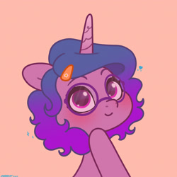 Size: 2480x2480 | Tagged: safe, artist:starburstuwu, izzy moonbow, pony, unicorn, g5, alternate hairstyle, blushing, bust, cute, female, glasses, hairclip, high res, horn, izzybetes, looking at you, mare, pink background, round glasses, short mane, simple background, smiling, smiling at you, solo