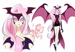 Size: 2048x1423 | Tagged: safe, artist:miruki_tii, discord, fluttershy, human, eternal night au (janegumball), g4, bat wings, clothes, dress, female, flower, heart, heart eyes, helmet, humanized, male, nightmare fluttershy, nightmarified, rose, simple background, slit pupils, snaggletooth, solo focus, sombra eyes, white background, wingding eyes, winged humanization, wings